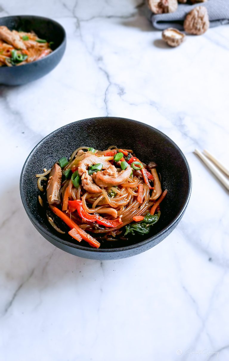 Japchae with chicken (Korean glass noodle stir fry)