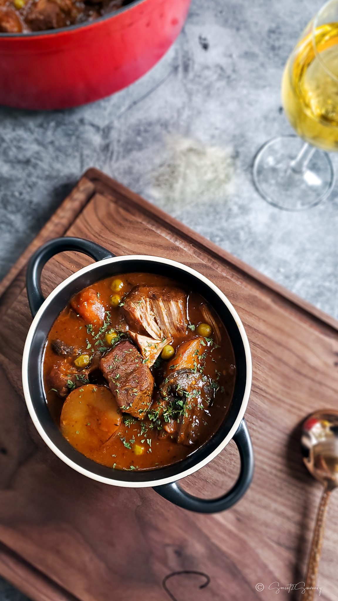 White Wine Braised Pork with Apple and Root Vegetables