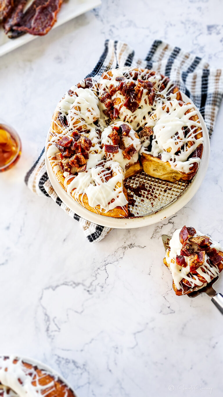 Cinnamon Rolls with Maple Whiskey Glaze and Candied Bacon