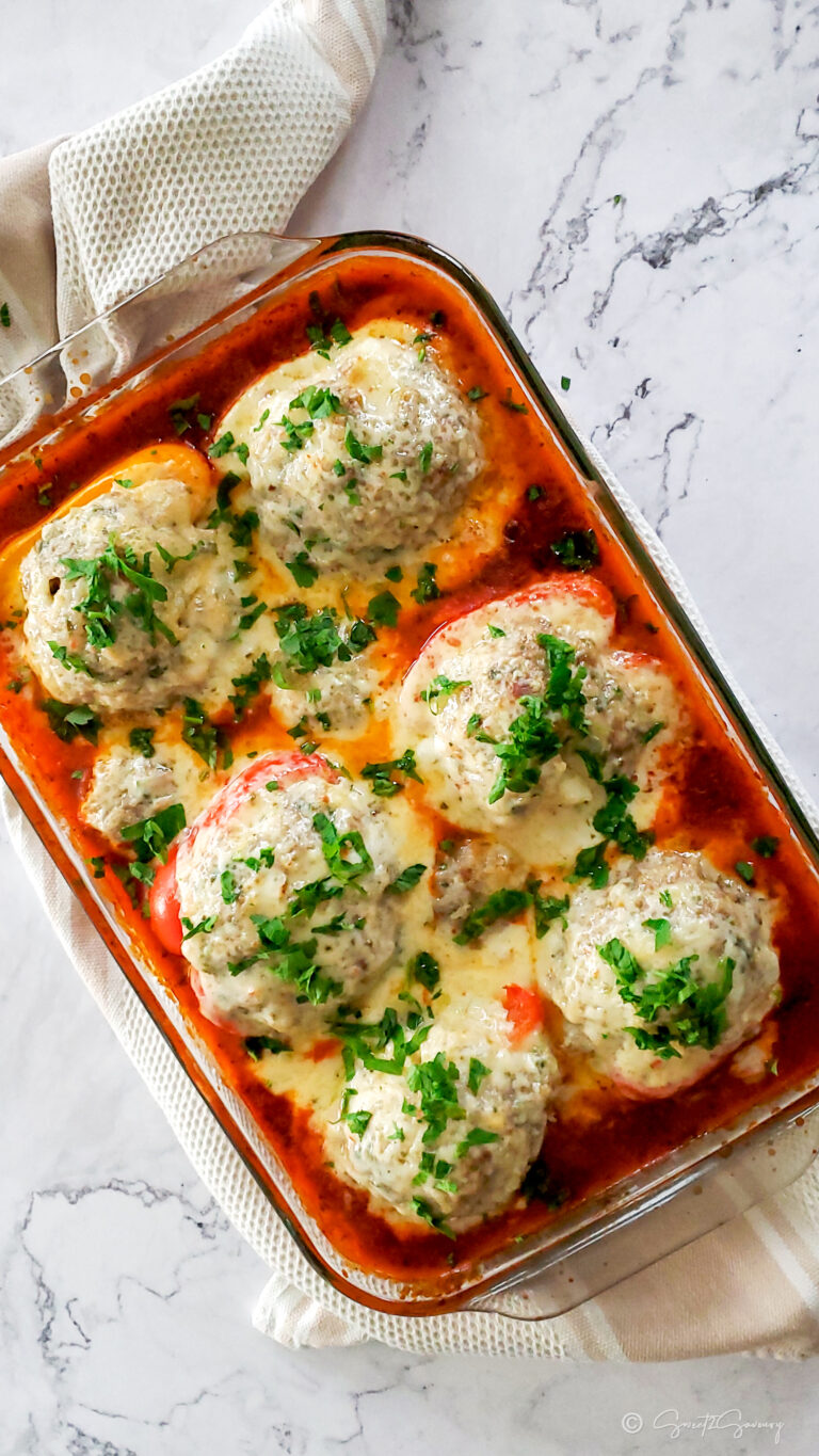 Easy Stuffed Peppers with Ground Pork & Caramelized Onions