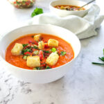 10-Minute Gazpacho (Cold Tomato Soup) with Fresh Salsa and Croutons
