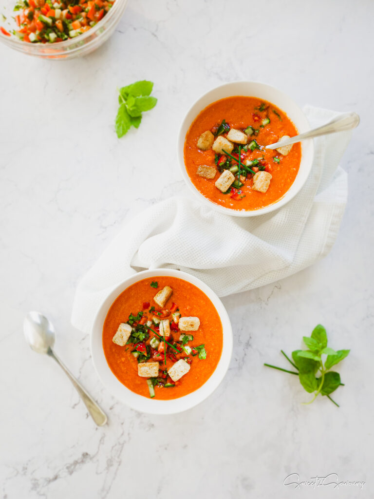 Gazpacho Soup with Fresh Salsa and Crunchy Croutons
